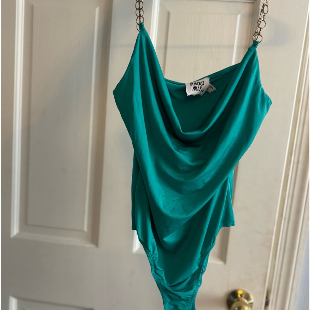 Teal (blue / green) bodysuit with chain gold straps